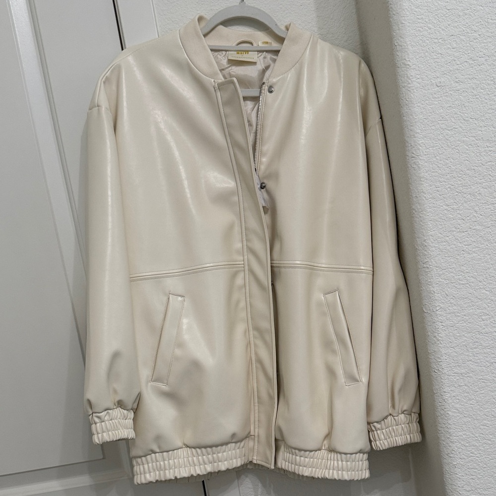 Oversized Anthropologie Cream Faux Leather Bomber Jacket